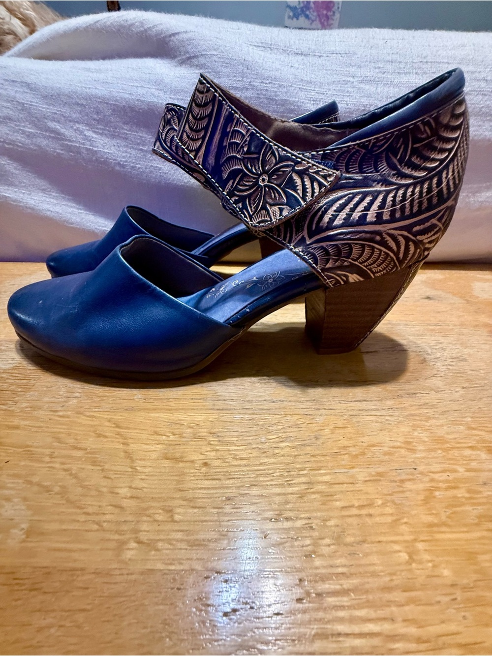 L’artiste Women's Toolie Blue Leather Block Heel Mules with Embossed Ankle Strap